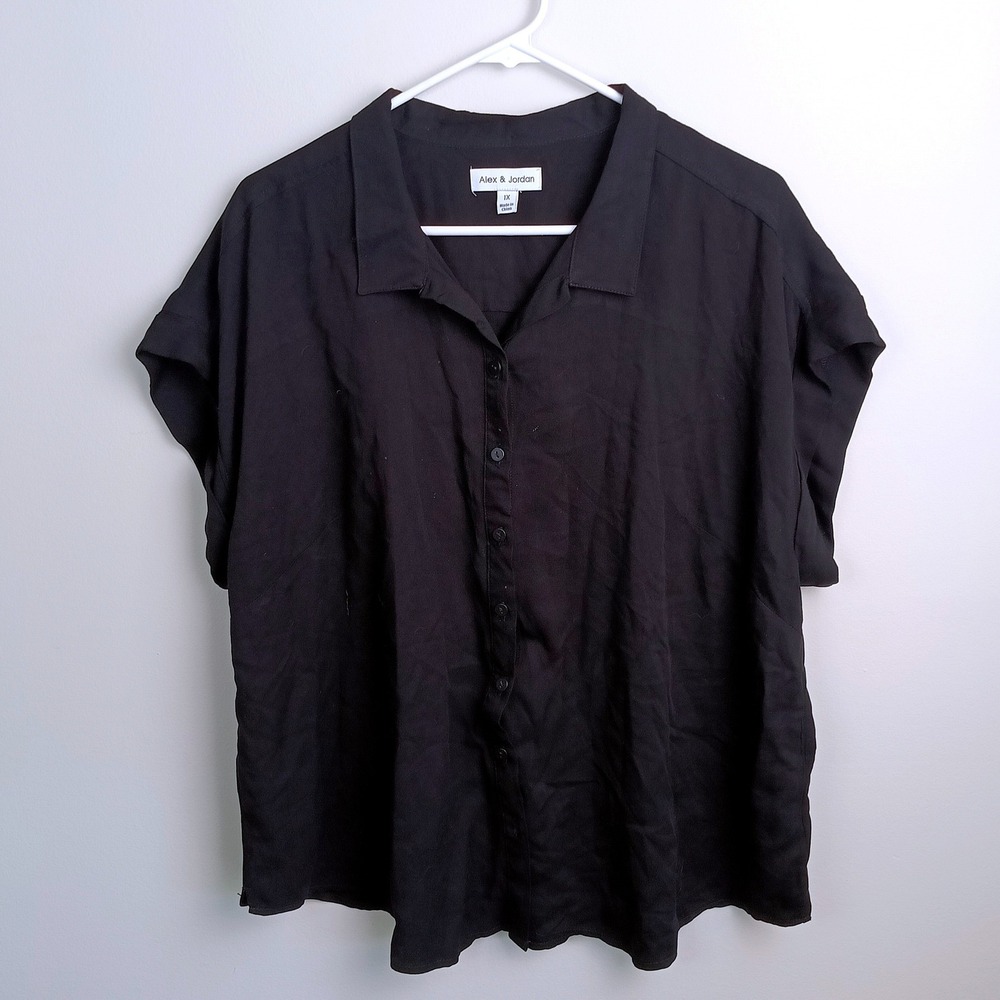 Alex & Jordan Button Down Shirt Womens 1X Black Excellent Short Sleeve Rayon